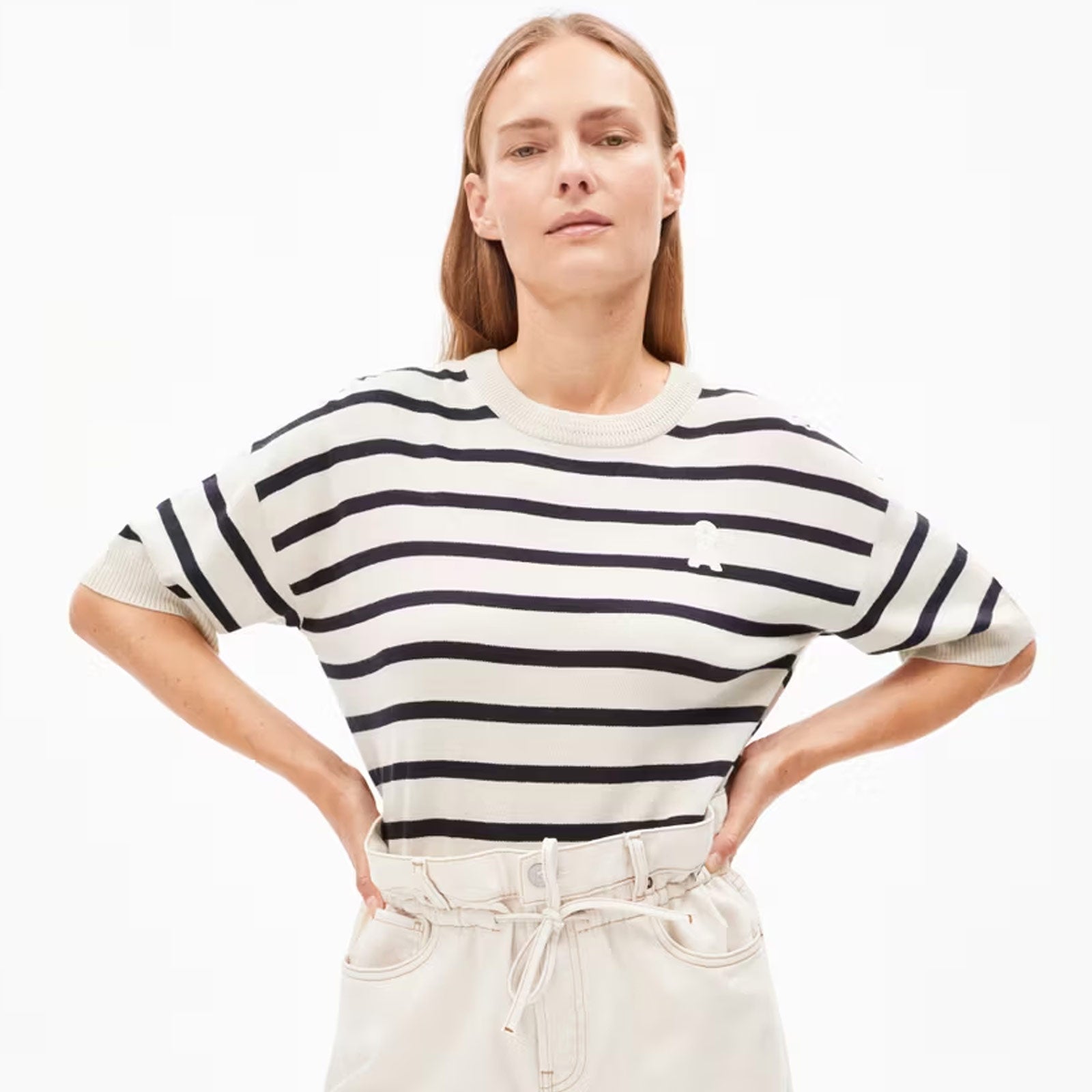 Lizaa Lino Stripes Top raw white/night sky