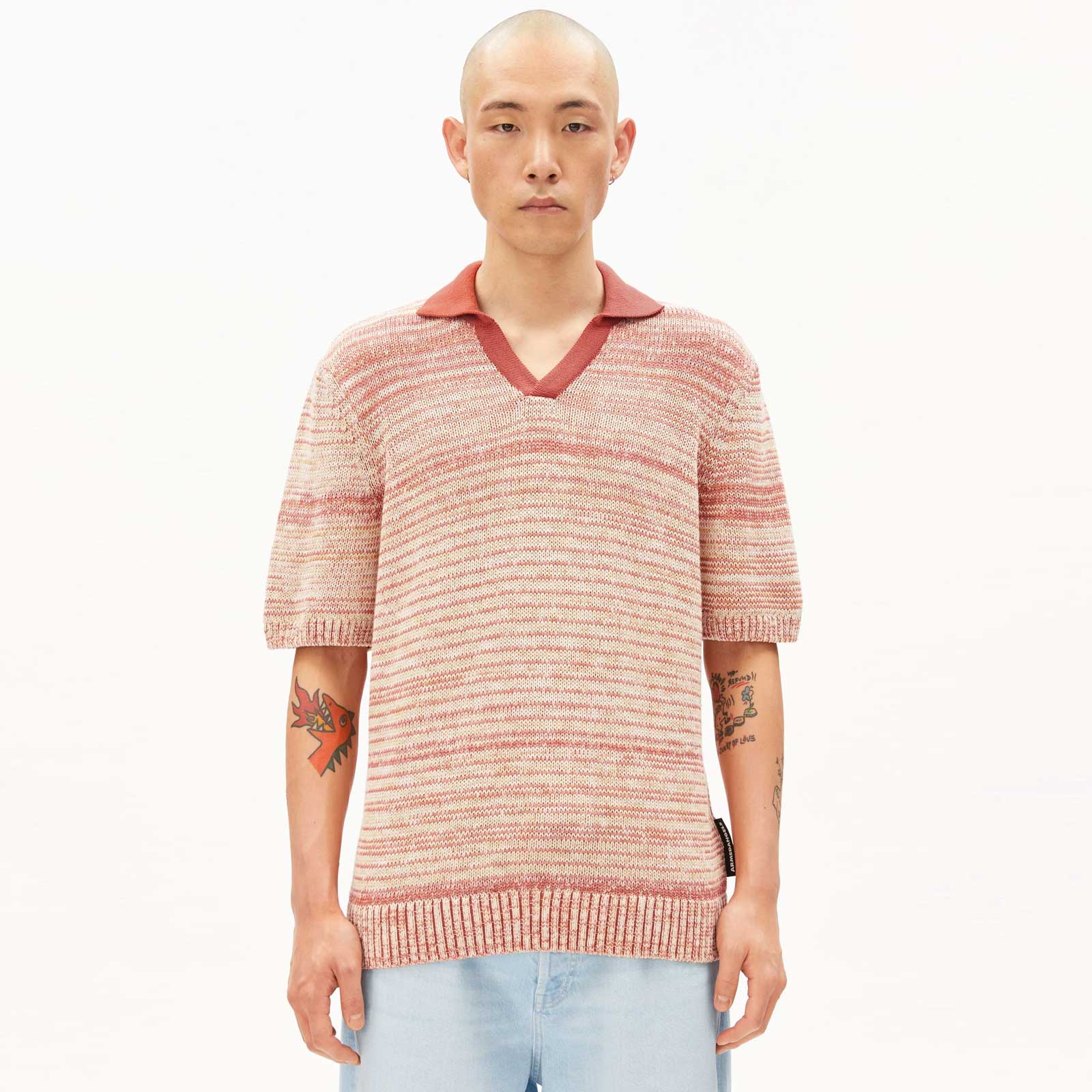 Yarnmix Knit Poloshirt tabasco red/oatmilk sunflower Armedangels