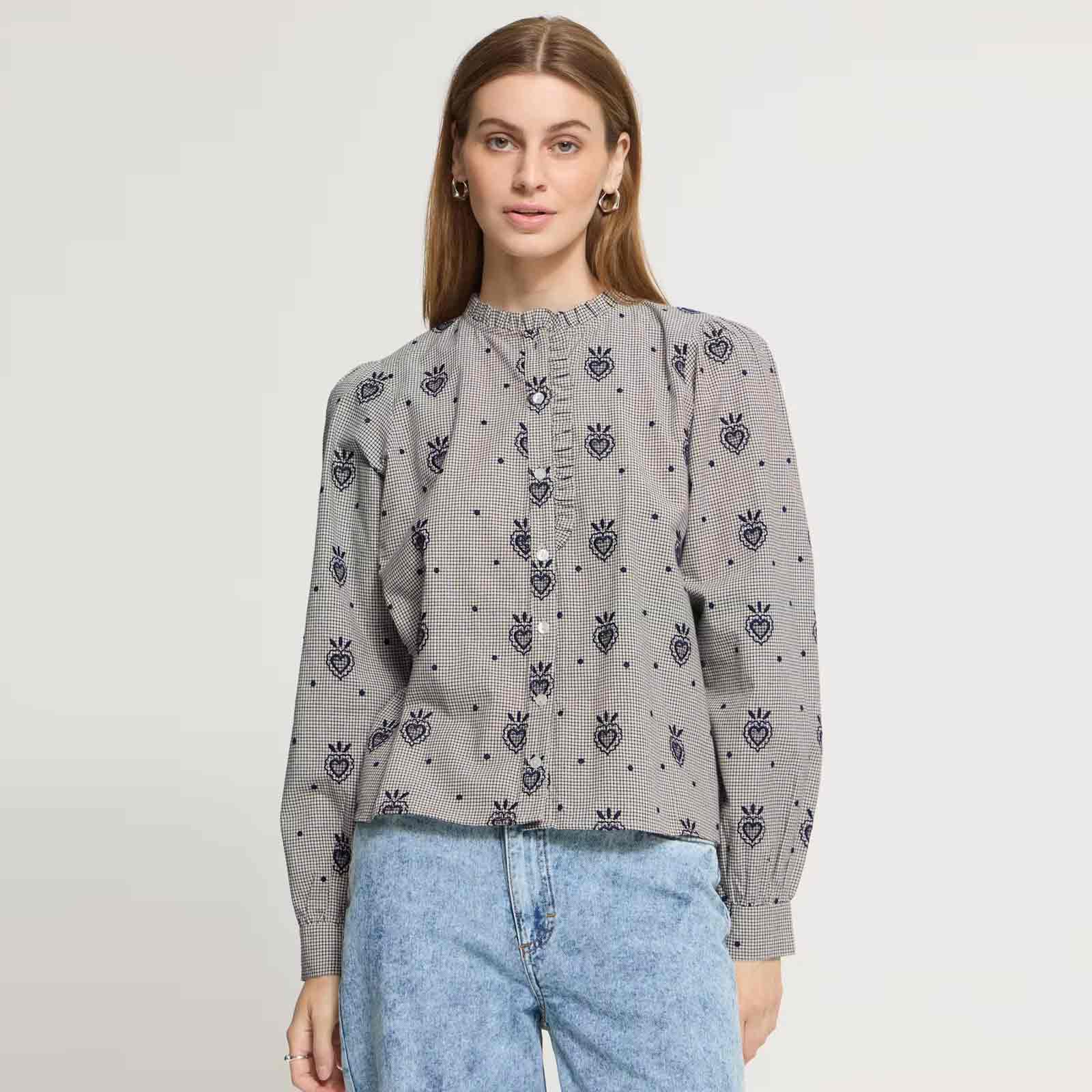 IHEloza Shirt birch/dark blue check w. emb/white