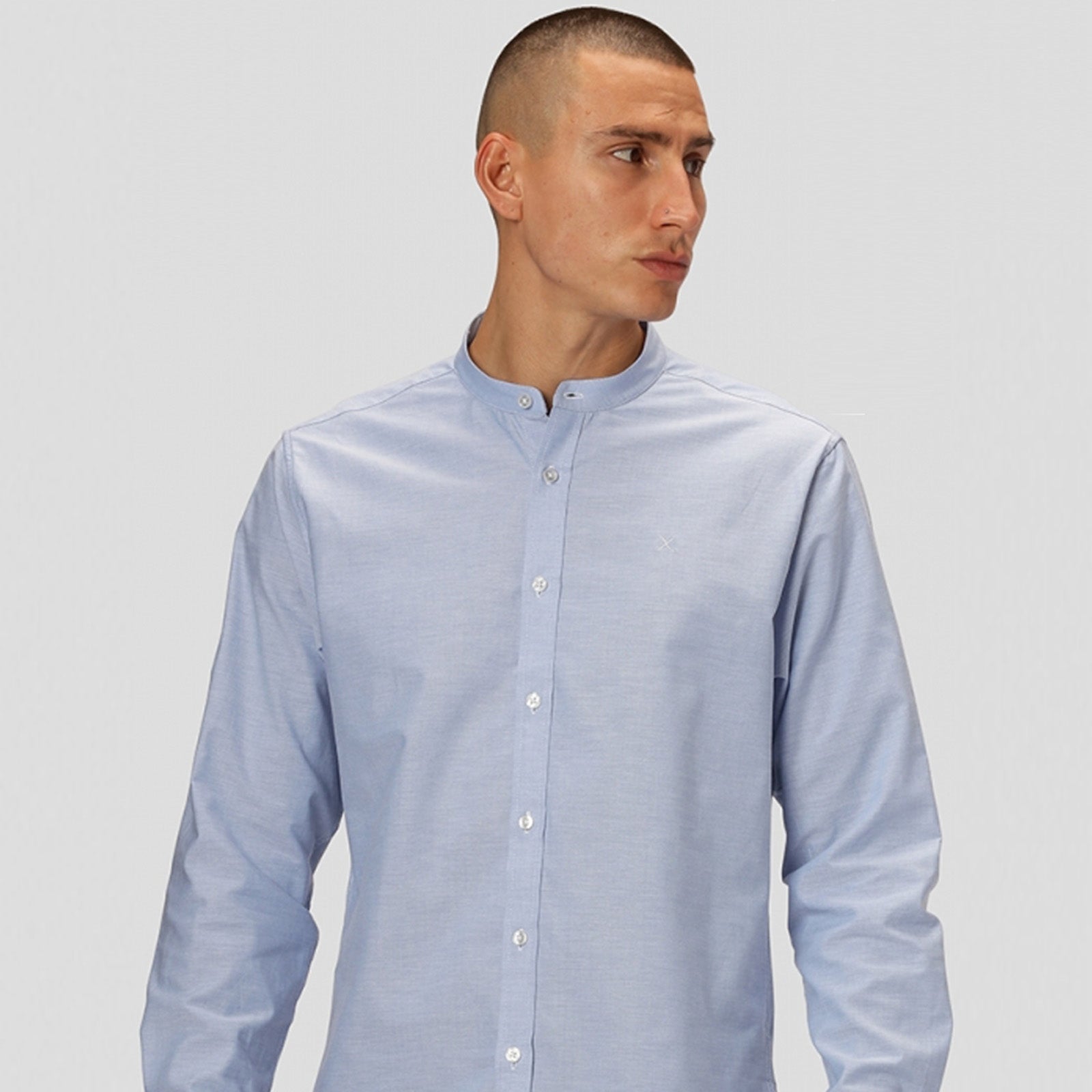 Oxford Mandarin Collar Stretch Shirt light blue