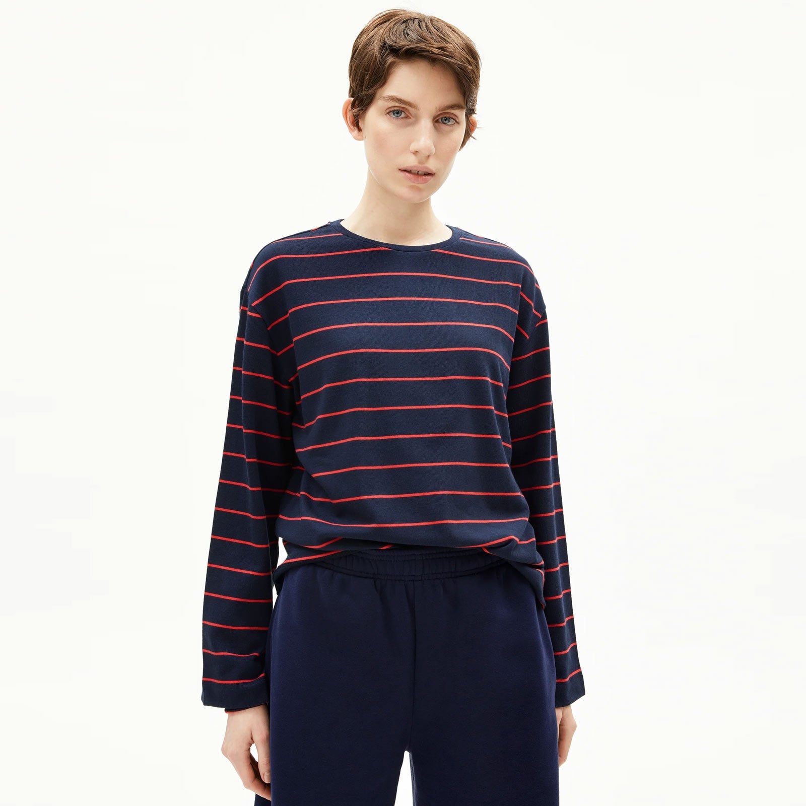Marynaa Fine Stripe Jumper tinted navy/candy apple Armedangels