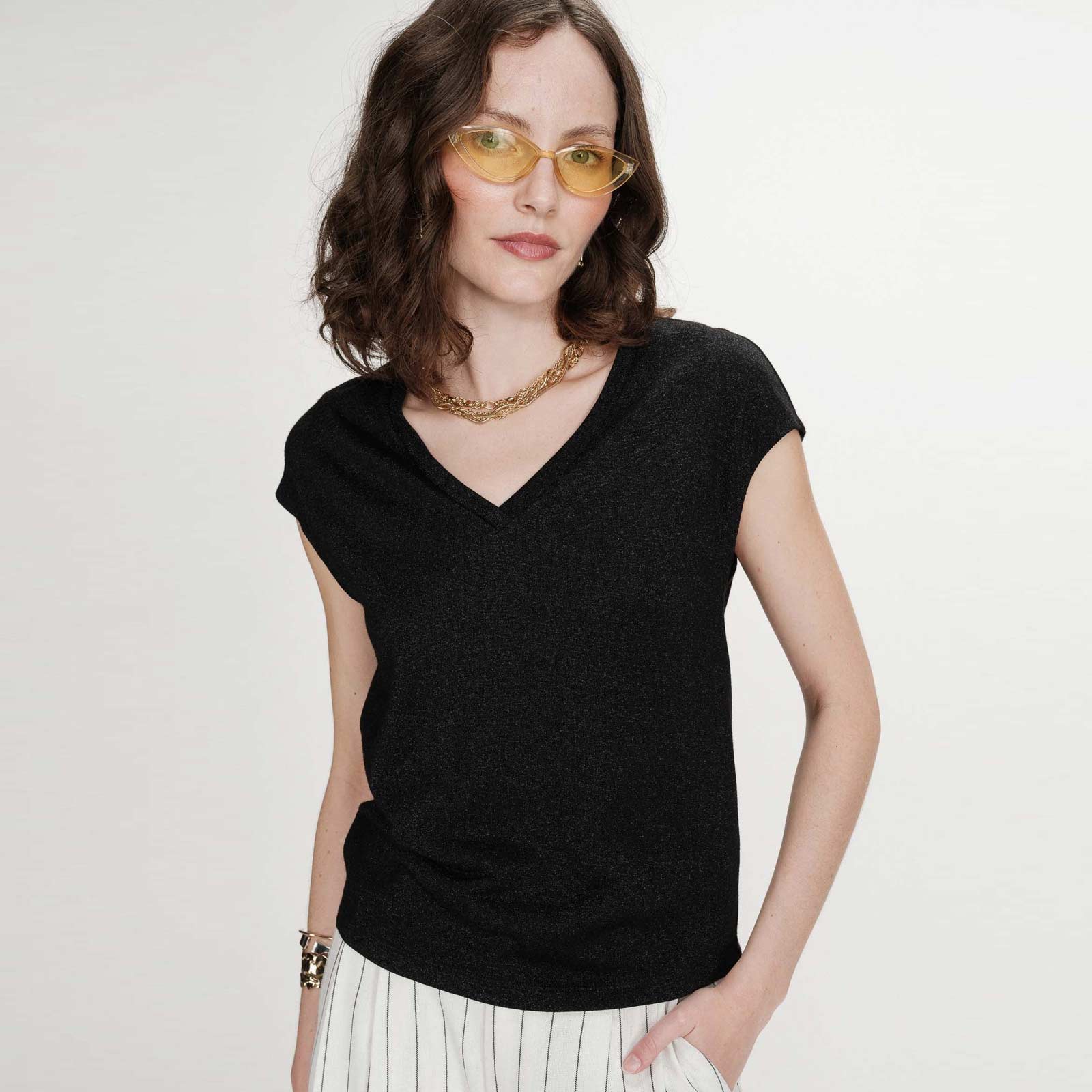 V-Neck Lurex Top Valsons noir Grace & Mila
