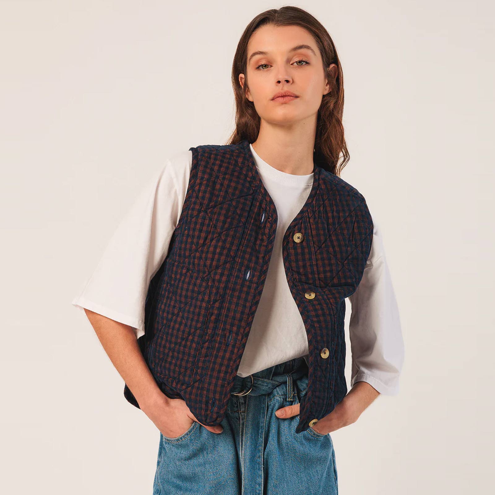 Cotton Check Vest marino INDI&COLD