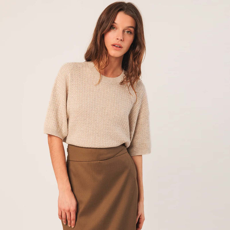 Cotton Knit Short Sleeve Jumper beige INDI&COLD