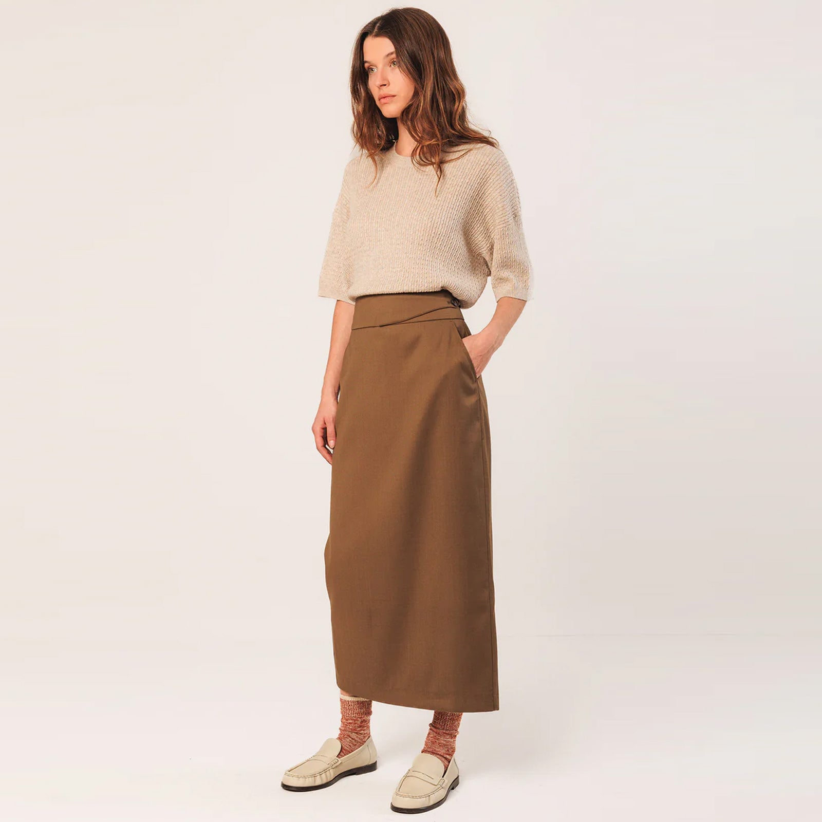 Cotton Knit Short Sleeve Jumper beige INDI&COLD