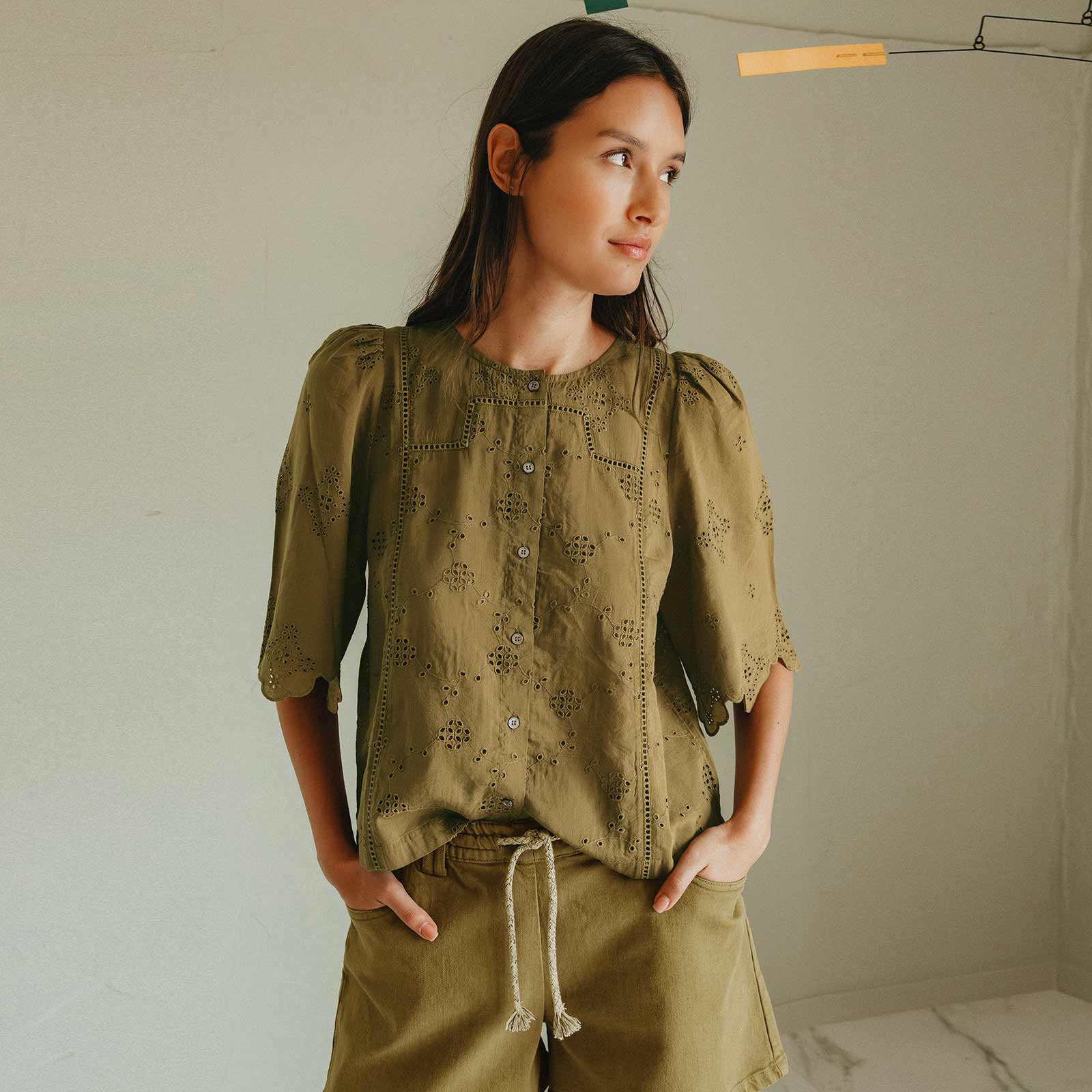 Eyelet Embroidery Blouse khaki INDI&COLD