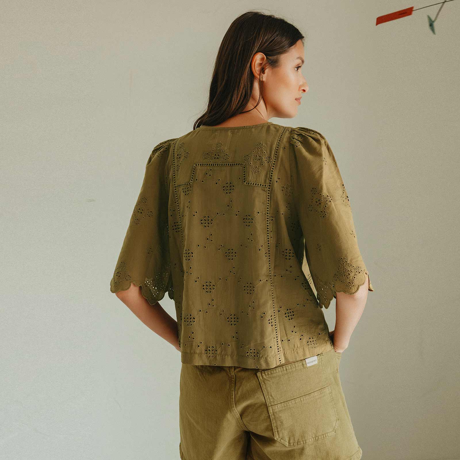 Eyelet Embroidery Blouse khaki INDI&COLD