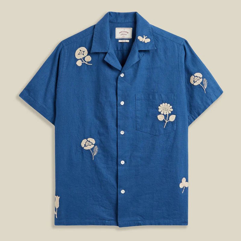 Embroidery Nature Ramie S/S Shirt blue Portuguese Flannel