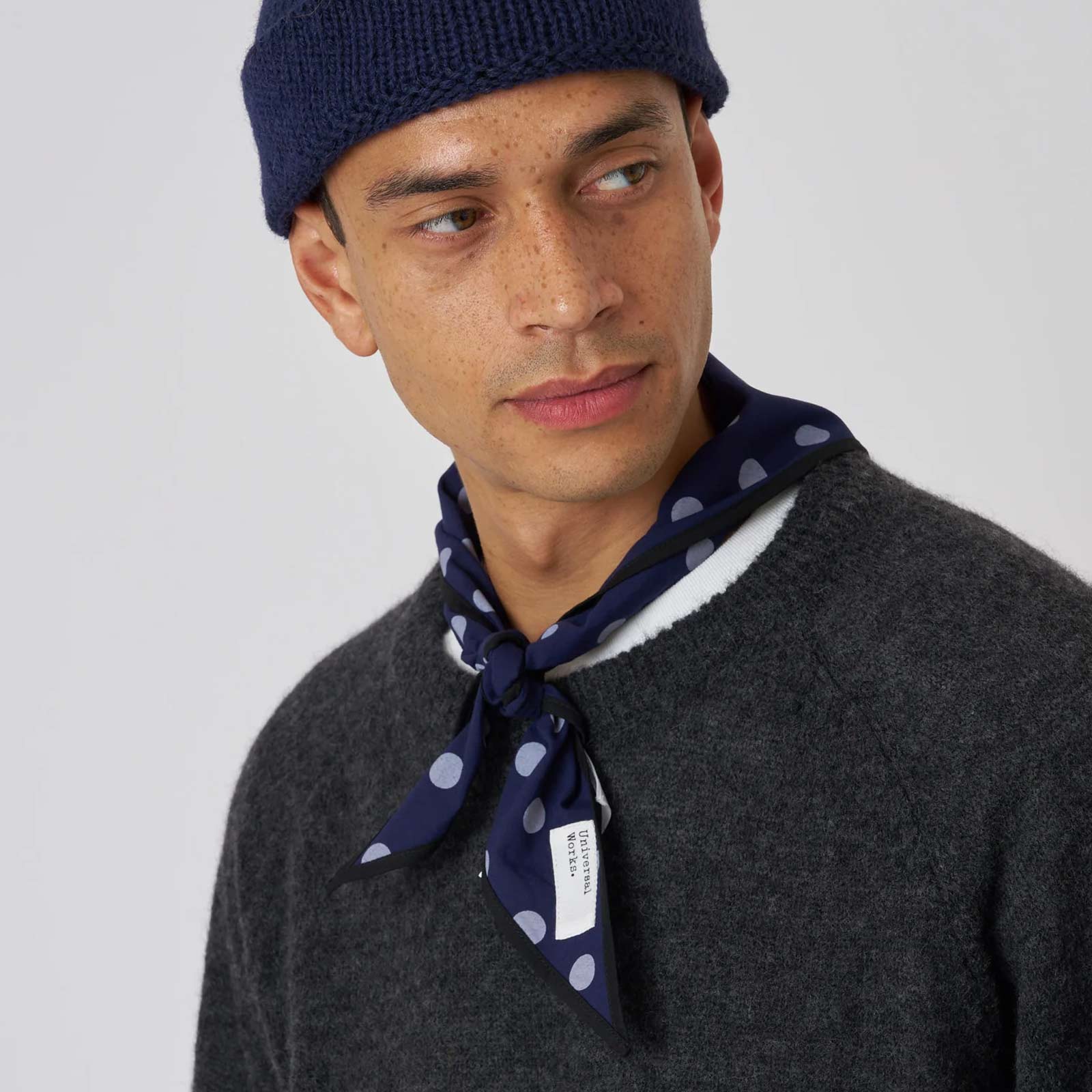 Bold Dot Print Rayon Scout Scarf navy Universal Works