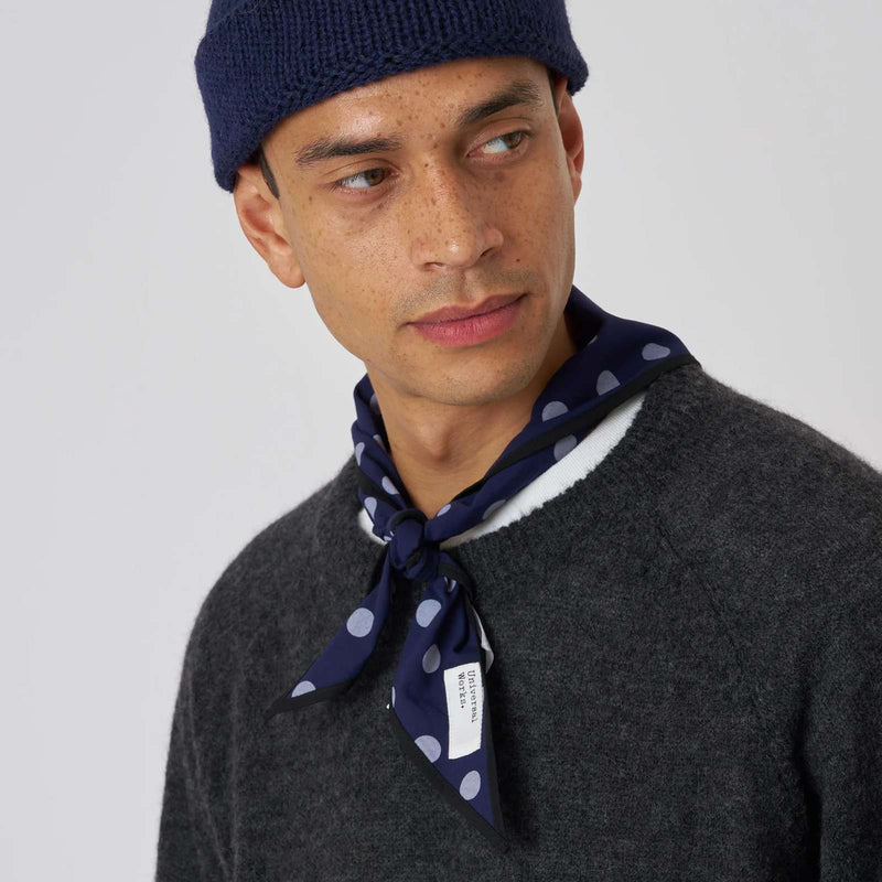 Bold Dot Print Rayon Scout Scarf navy Universal Works