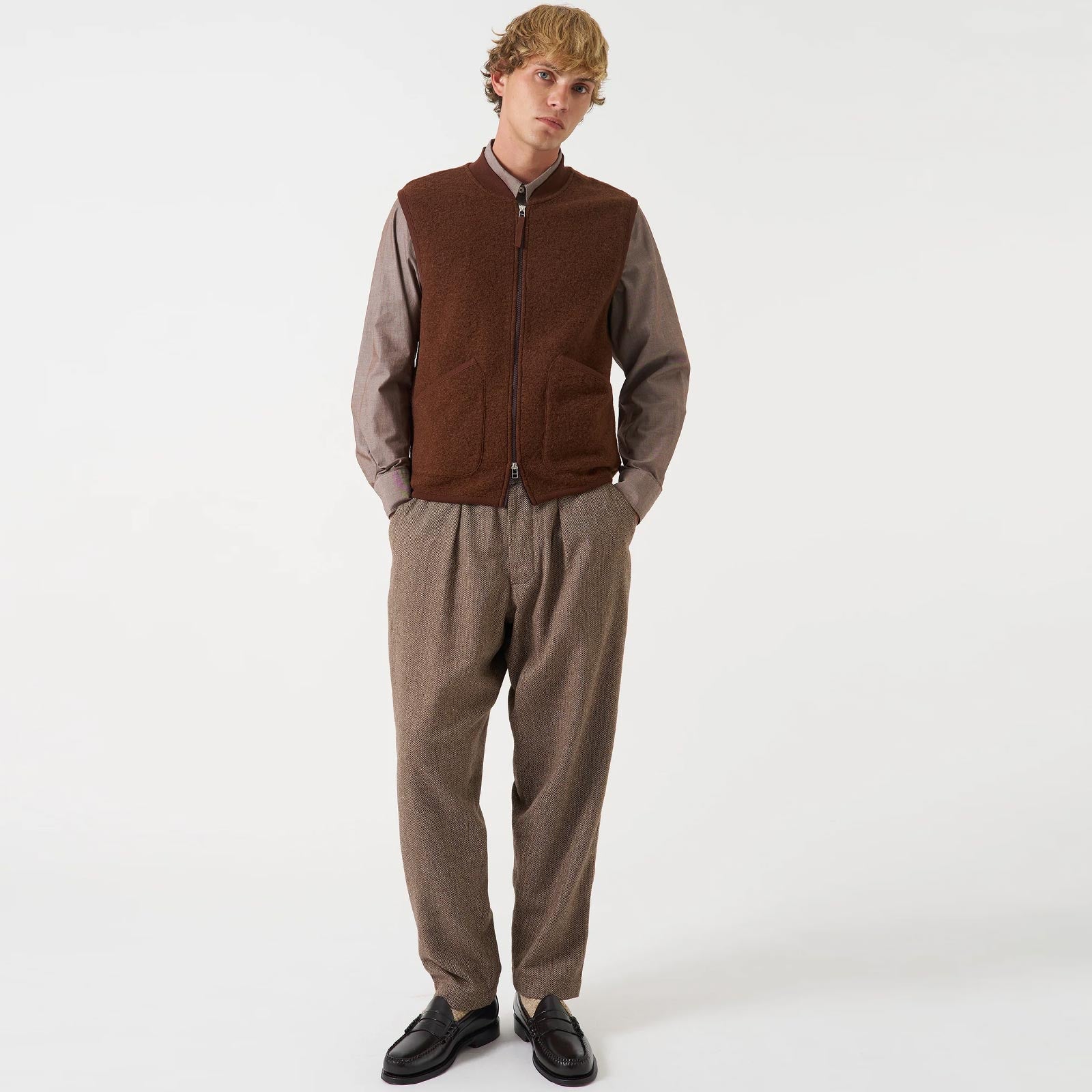 Wool Fleece Zip Waistcoat cacao