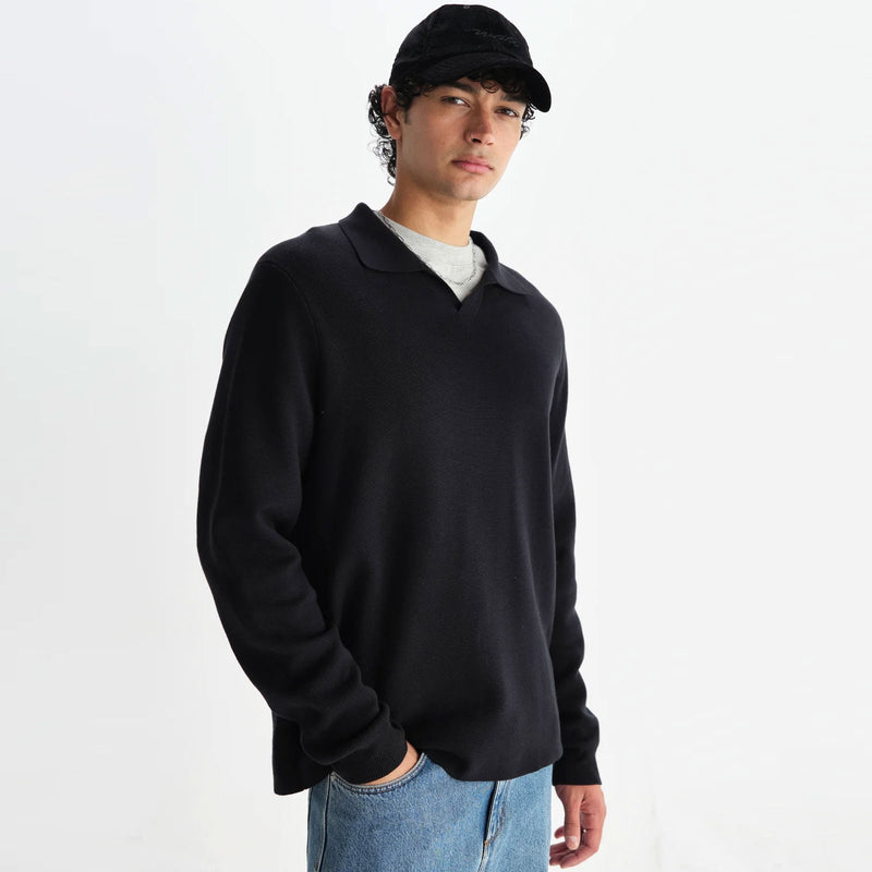 Carter Open Collar Polo Milano Knit black Wax London