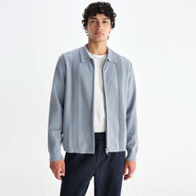 Lennox Zip Polo Milano Ripple Stripe grey blue Wax London