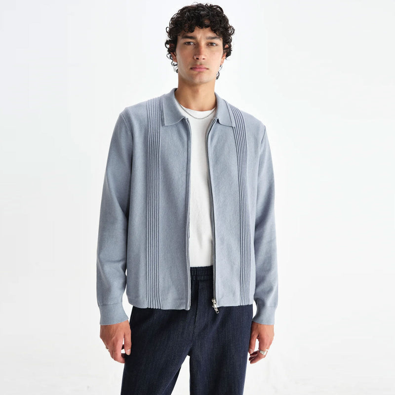 Lennox Zip Polo Milano Ripple Stripe grey blue Wax London
