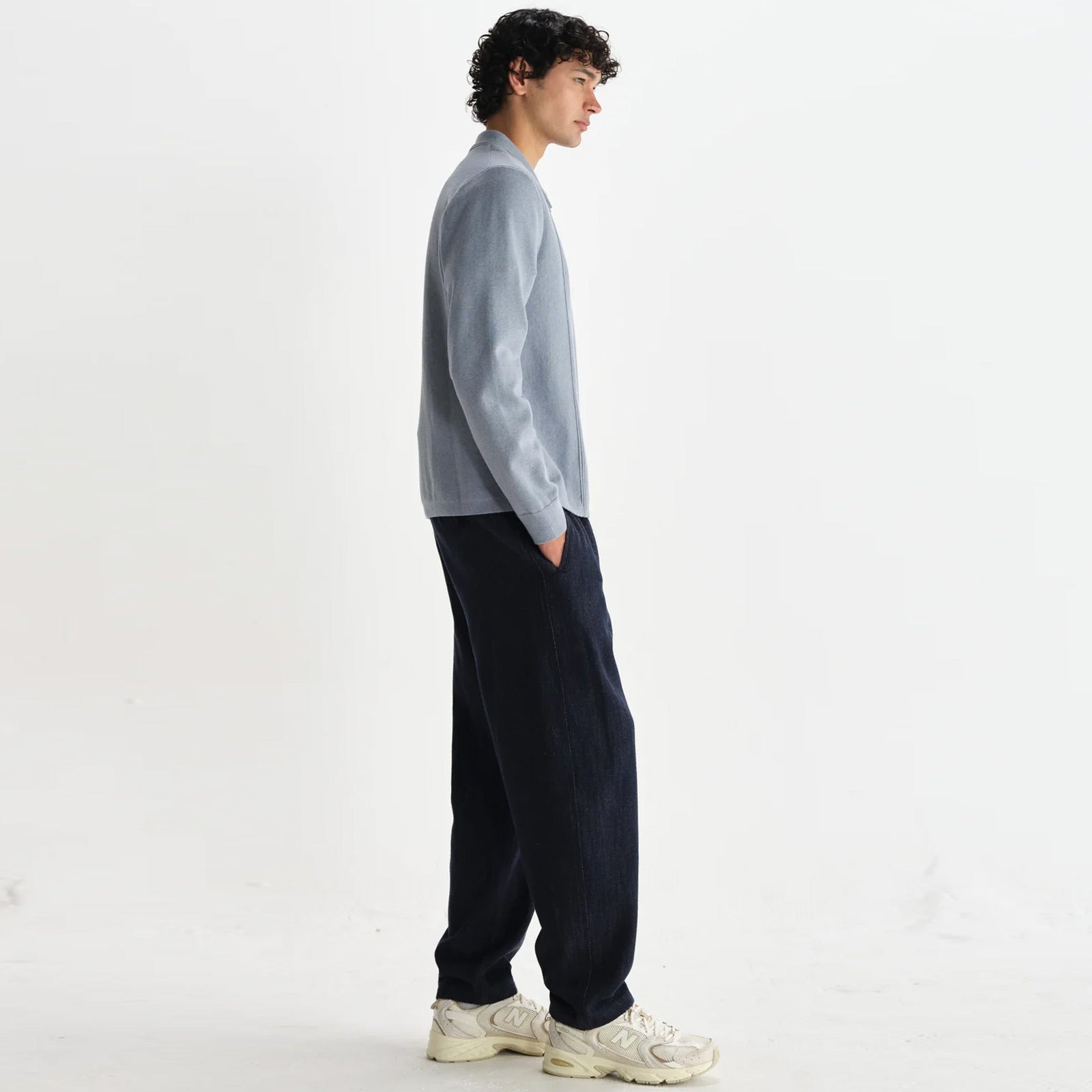 Lennox Zip Polo Milano Ripple Stripe grey blue Wax London