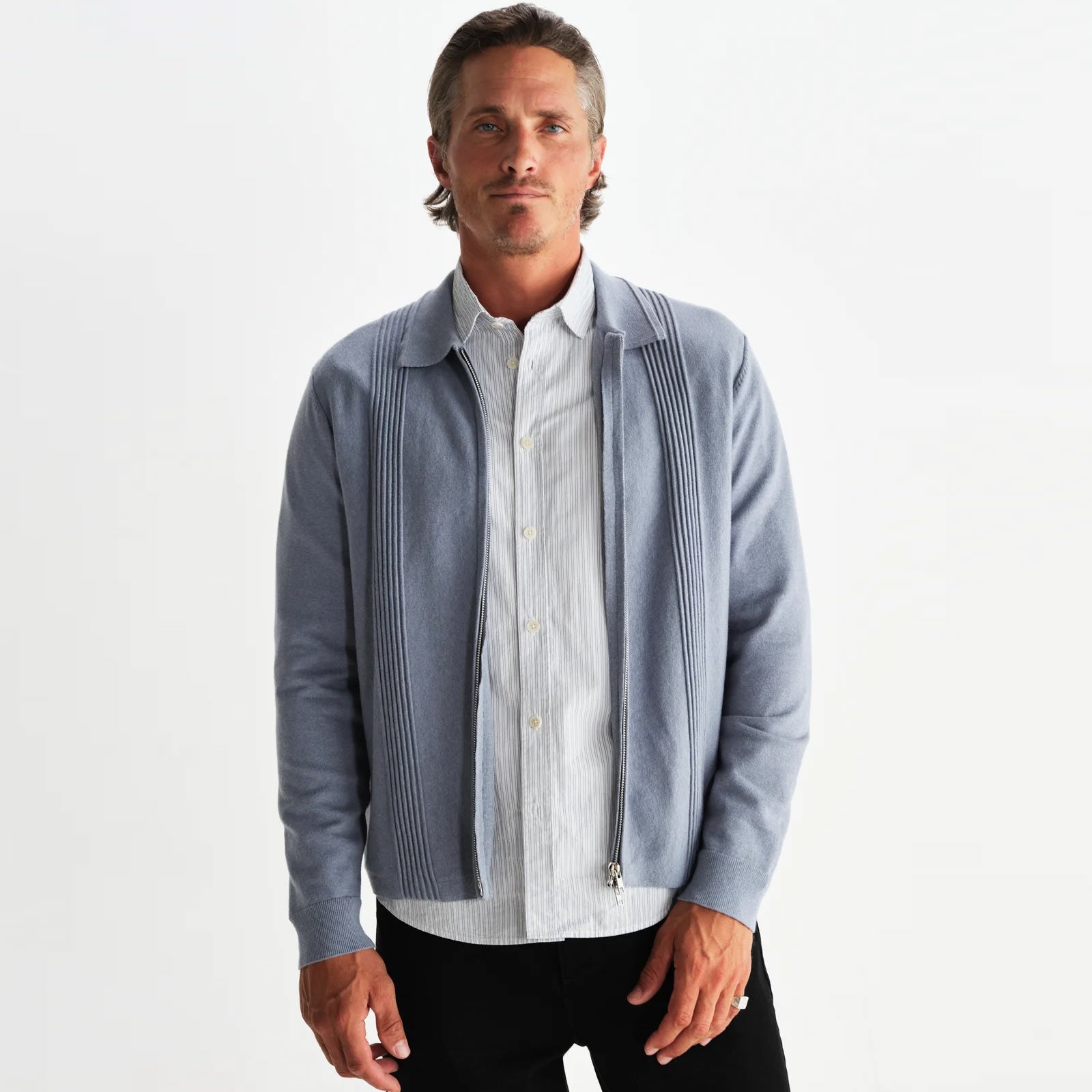 Lennox Zip Polo Milano Ripple Stripe grey blue Wax London