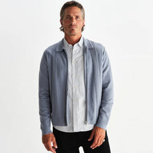 Lennox Zip Polo Milano Ripple Stripe grey blue Wax London