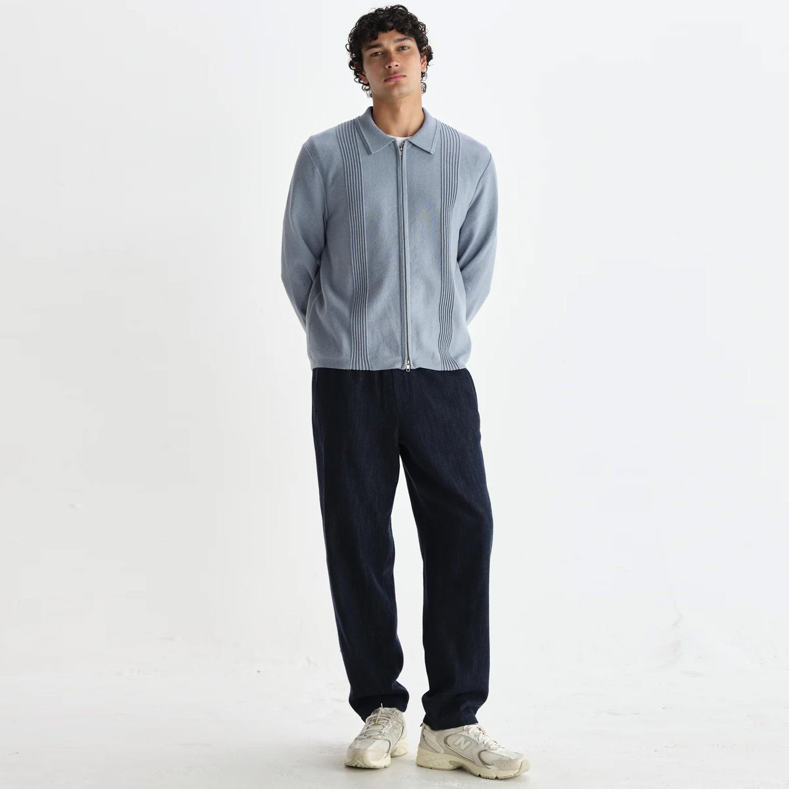 Lennox Zip Polo Milano Ripple Stripe grey blue Wax London