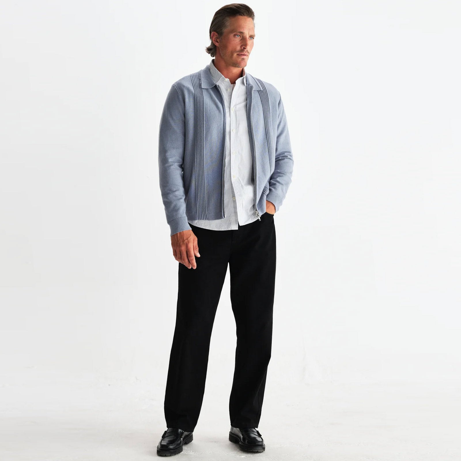 Lennox Zip Polo Milano Ripple Stripe grey blue Wax London