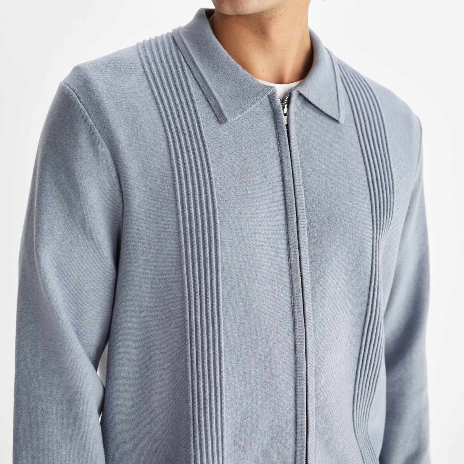 Lennox Zip Polo Milano Ripple Stripe grey blue Wax London