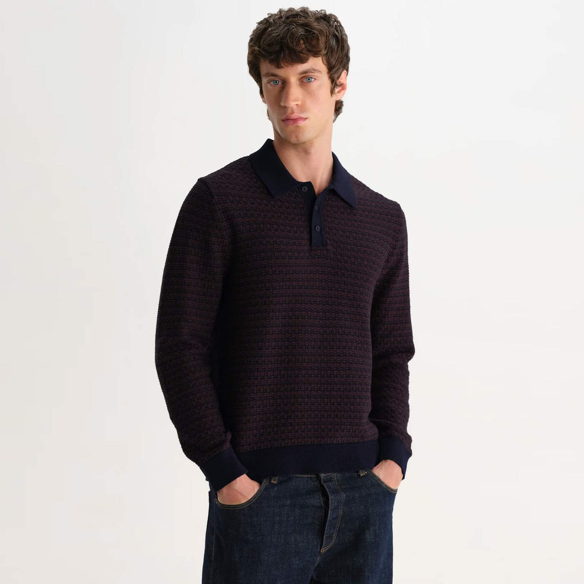 Oban Mini Geo Multi L/S Polo brown/navy