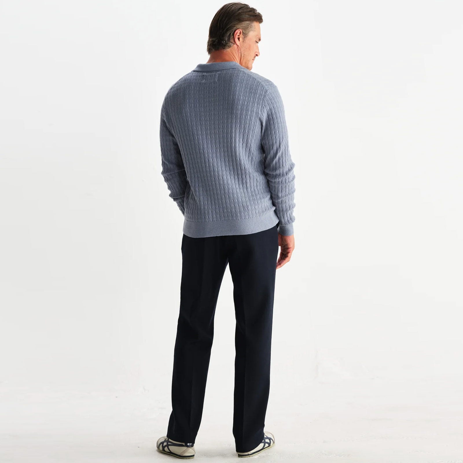 Oban Polo Diamond Stripe grey blue Wax London