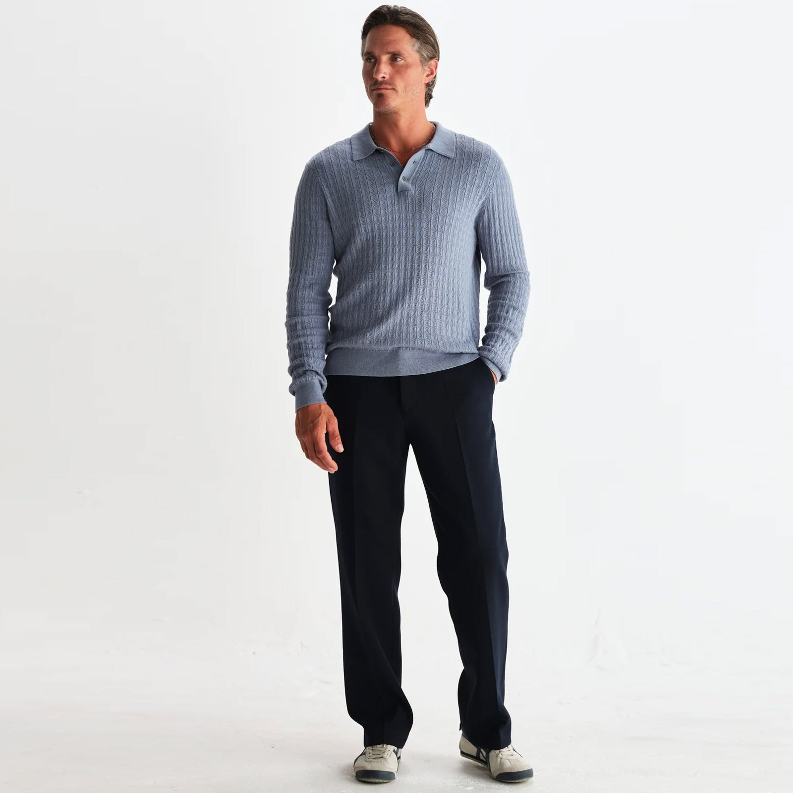 Oban Polo Diamond Stripe grey blue Wax London