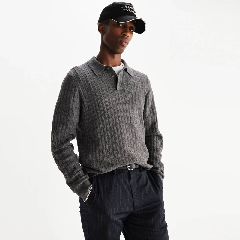 Oban Polo Diamond Stripe grey marl Wax London