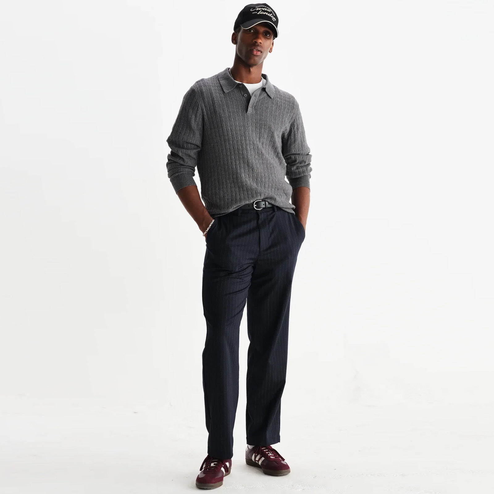 Oban Polo Diamond Stripe grey marl Wax London