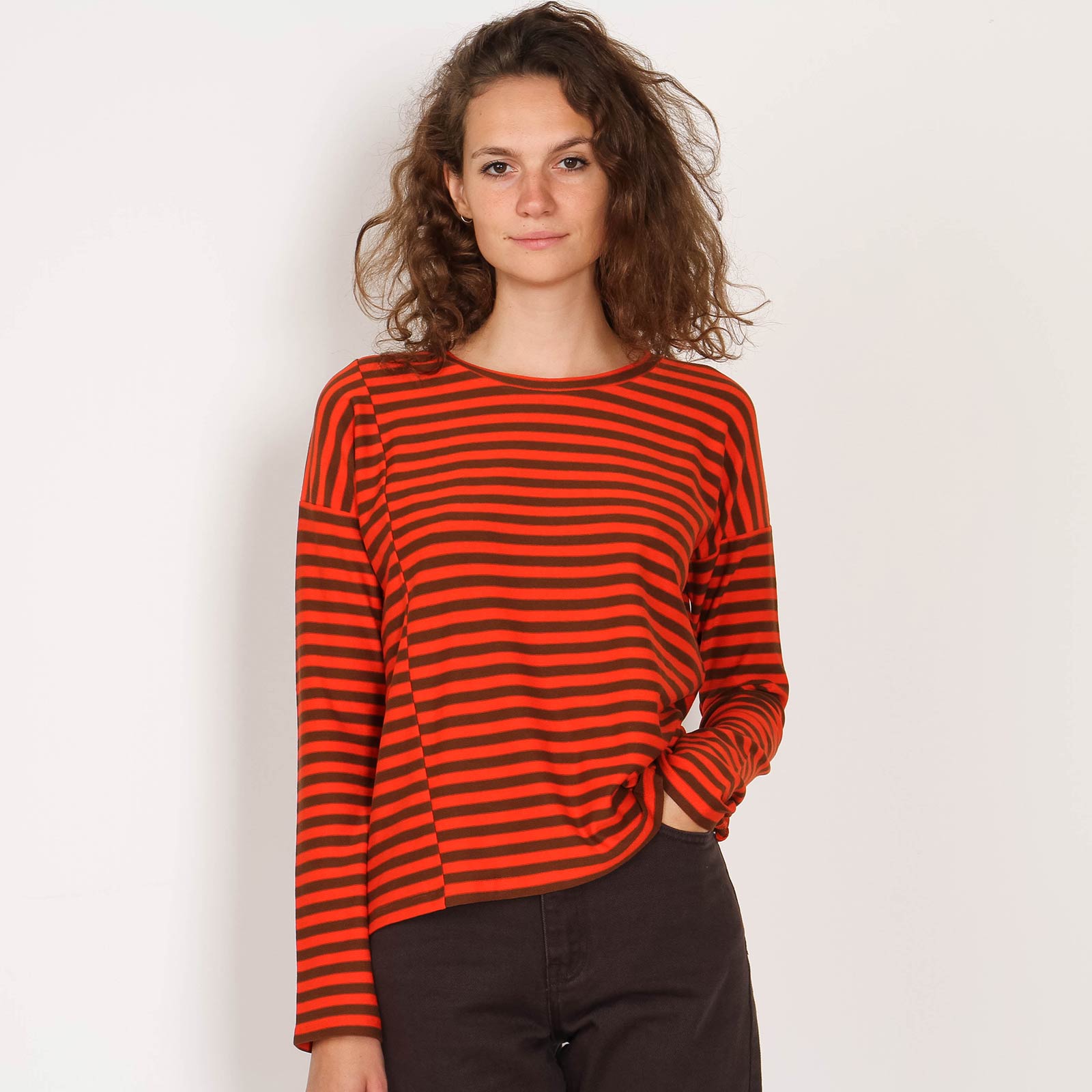 Palinaa Knitted Stripe LS Top glossy orange-cacao